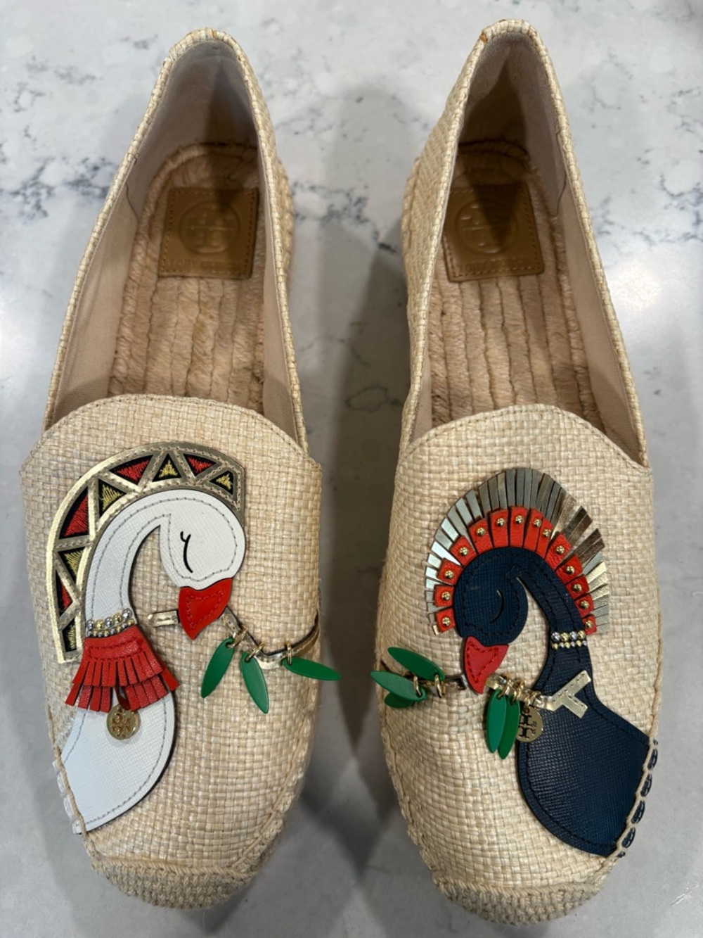 Tory Burch NWB Jute Espadrille Flats with Embroidered Swan Motifs Sz. 11M